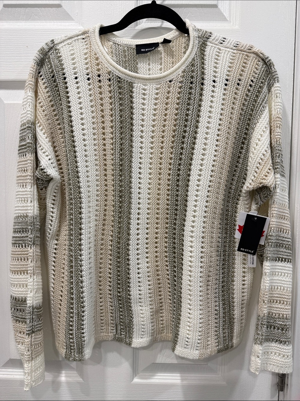 RD STYLE Open Knit Striped Sweater Khaki Beige size Small
